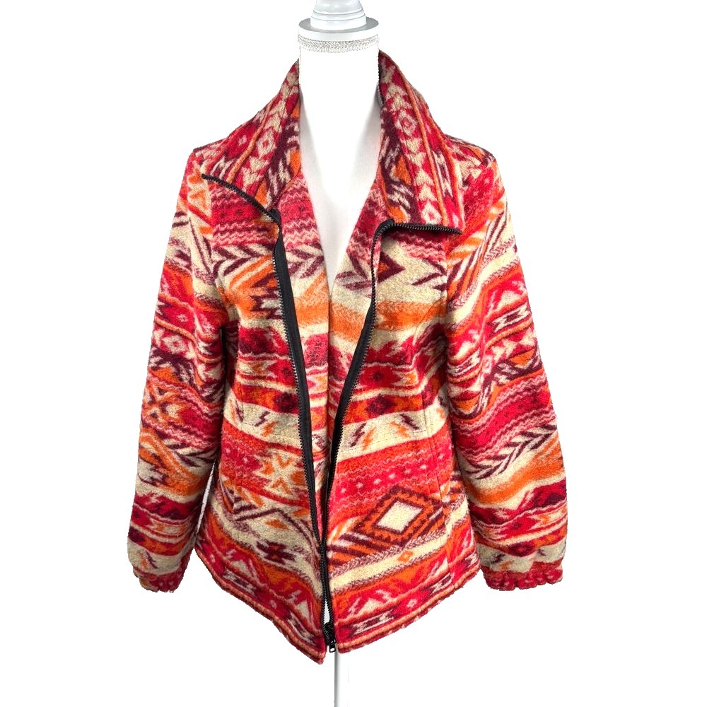 Gorpcore‎ Fleece Jacket Aztec Geo Zip Women Sz L Red Pattern Warm Cozy Cabincore